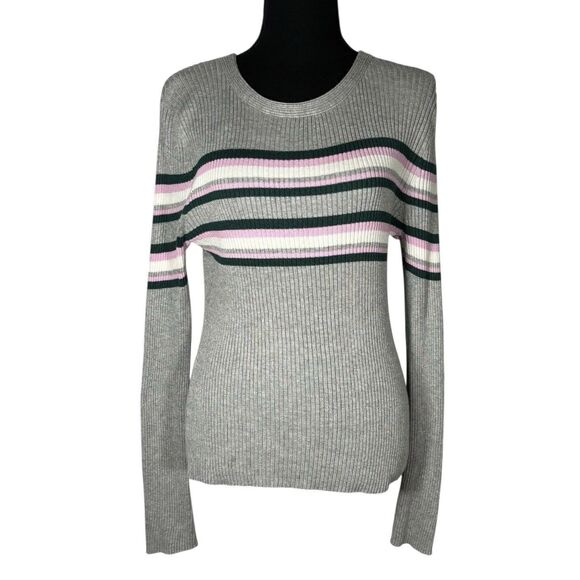 Hooked Up By IOT Long Sleeve Gray Striped Top Stretch Ribbed Knit - Picture 1 of 9